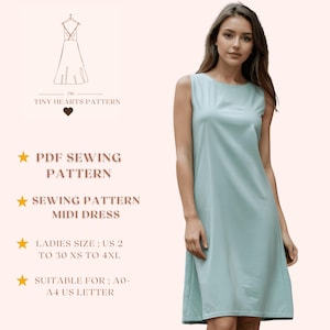 Patrón de costura de vestido midi, patrón de vestido de mujer, patrón de costura en PDF, patrón de vestido de otoño, vestido básico, patrón de costura fácil A0 A4 US Letter-US 2to30