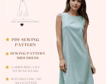 Puede incluir: Un vestido midi sin mangas, de color azul claro. La imagen incluye el texto "The Tiny Hearts Pattern", "PDF Sewing Pattern", "Sewing Pattern Midi Dress", y "Ladies Size; US 2 to 30 XS to 4XL". El vestido es adecuado para A0-A4 US Letter.