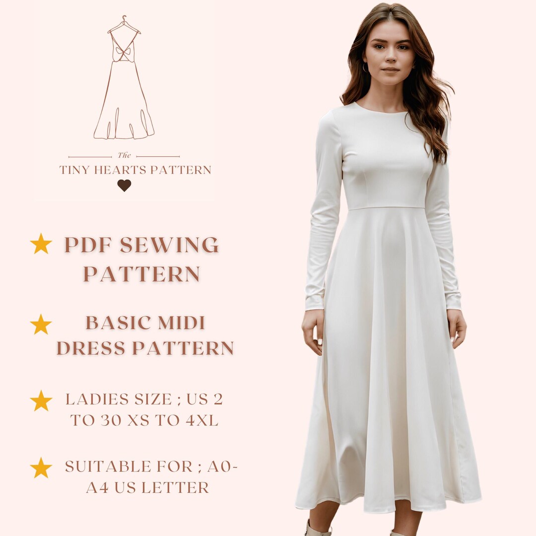 Basic Midi Dress Pattern, Women Dress Sewing Patterns, Evening Gown ...