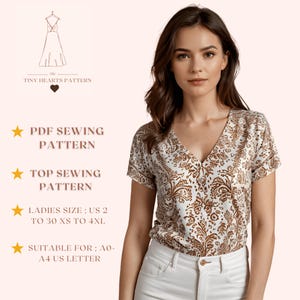 Patrón de costura superior / Patrón de costura para mujer / Patrón de blusa / Patrón de costura de camiseta con cuello en V / Patrón de costura fácil / A0 A4 Carta de EE. UU. de EE. UU. 2 a 30