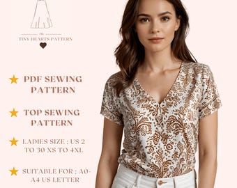 Top Sewing Pattern | Women Sewing Pattern | Blouse Pattern | V Neck Tshirt Sewing Pattern | Easy Sewing Pattern | A0 A4 US Letter US 2 to 30
