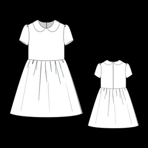 May include: A line drawing of a white dress featuring a Peter Pan collar and short sleeves. The dress has a fitted bodice and a flared skirt. A smaller version of the dress is also shown. The design is simple and elegant, suitable for various occasions.