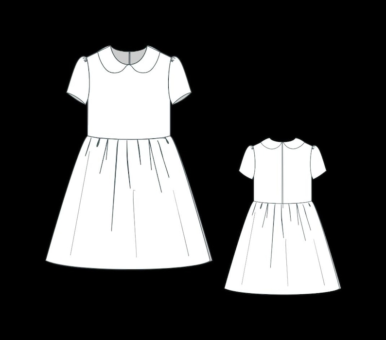 May include: A line drawing of a white dress featuring a Peter Pan collar and short sleeves. The dress has a fitted bodice and a flared skirt. A smaller version of the dress is also shown. The design is simple and elegant, suitable for various occasions.