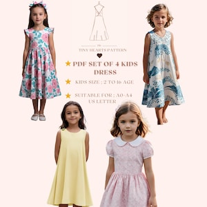 Conjunto de 4 vestidos infantiles en PDF / Patrón de costura para vestido infantil / Patrón de costura para vestido de niña / Patrón de costura en PDF / Tamaño A0 A4 (carta de EE. UU.) - Talla niña 2-16 años