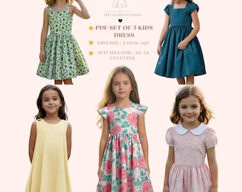 PDF Set Of 5 Kids Dress Pattern, Girls Dress Sewing Patterns, Size:2-16Age | A0-A4-USLETTER |