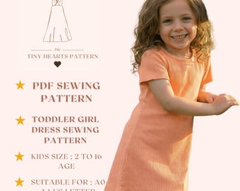 幼児の女の子のドレスの縫製パターン、子供用のシンプルなサマードレスのパターン、サイズ: 2-16 歳 | A0-A4-USLETTER |