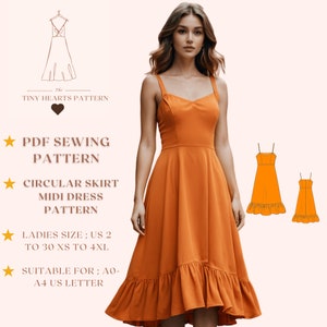 Patrón de vestido midi con falda circular, patrón de vestido de verano, patrón de vestido de fiesta, patrón de costura de vestido de mujer A0 A4 Carta de EE. UU. - EE. UU. 2 a 30