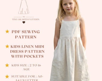 Kids Linen Midi Dress Pattern With Pockets, Girls Dress Sewing Patterns, Size:2-16Age | A0-A4-USLETTER |