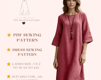 Molde para costura de vestido, vestido midi feminino, manga sino, download em PDF. Tamanhos: EUA 2-30 | A0-A4-Carteira EUA |