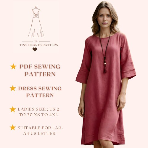 Dress Sewing Pattern, Midi Dress For Women, Bell Sleeve, Pdf Download  Size:US2-30 | A0-A4-USLETTER |