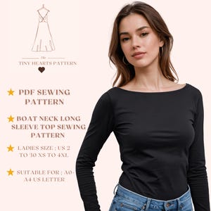 Padrão de costura para blusa de manga comprida com decote canoa | Padrão de costura para mulheres | Padrão de costura para blusa | Padrão de costura fácil | A0 A4 Carta EUA EUA 2 a 30