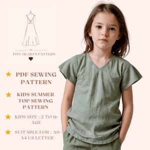 Girls Linen Top Sewing Pattern: Curved V-Neck, Sizes 2-16 (PDF Pattern A0/A4/US Letter)