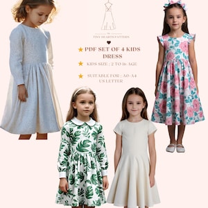 Conjunto de 4 vestidos para niños en formato PDF, patrón de costura para vestidos para niños, patrón de vestido para niña, patrón de vestido para bebé, vestido para niña de las flores, tamaño A0, A4, carta de EE. UU., talla de niña de 2 a 16 años