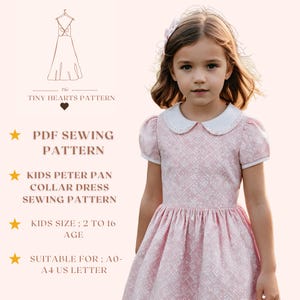Patrón de costura para vestido de cuello Peter Pan para niñas, PDF, patrón de vestido de verano para niñas, patrón de costura para vestido de niña tamaño A0, A4, carta de EE. UU., talla de niña 2-16 años