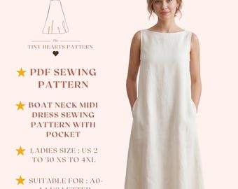 Boat Neck Midi Dress Sewing Pattern Pocket, Women Dress Patterns, Size:US2-30 | A0-A4-USLETTER |