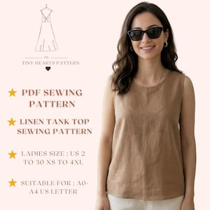 Patrón de costura para camiseta de tirantes de lino, patrones de costura para blusas de mujer, camisetas para niñas, tallas: US2-30 / A0-A4-USLETTER /