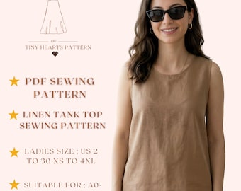 Linen Tank Top Sewing Pattern, Women Blouse Sewing Patterns, Girls Tshirt, Size:US2-30 | A0-A4-USLETTER |