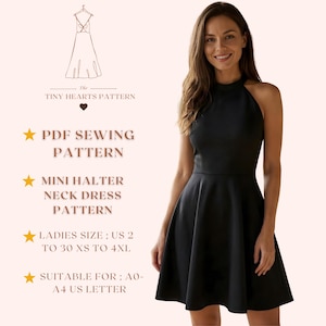 Wykrój na mini sukienkę z dekoltem halter, wykroje do szycia sukienek damskich, sukienki na studniówkę, rozmiary: US2-30 | A0-A4-USLETTER |