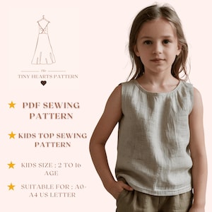 Patrón de costura para blusas de niños, de lino, para niñas, de camisetas para niños y de camisetas sin mangas (tamaño A0, A4, carta de EE. UU.), tallas para niñas de 2 a 16 años.
