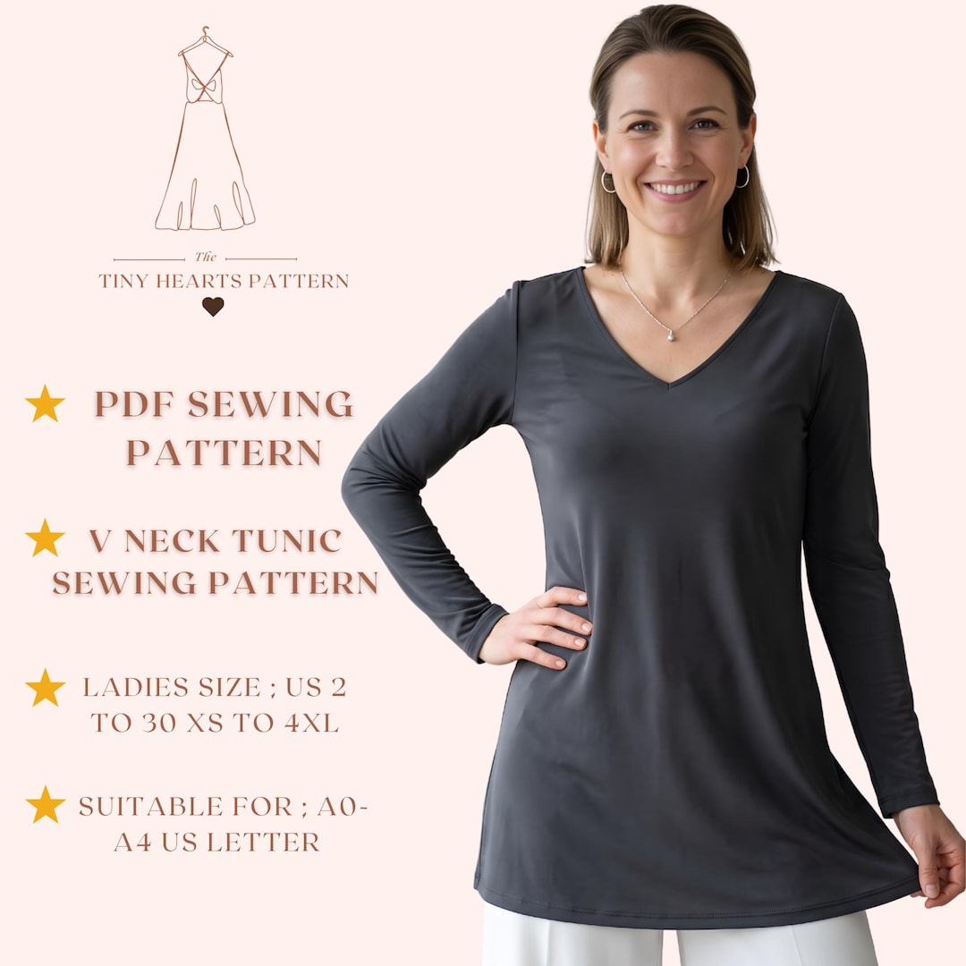 V Neck Tunic Sewing Pattern, Women Top Sewing Patterns, Woman Blouse ...