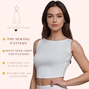 Patrón de top corto con cuello barco / Patrón de costura para mujer / Patrón de costura en PDF / Patrón de camiseta sin mangas / Patrón de costura fácil / A0 A4 Carta de EE. UU. 2 a 30