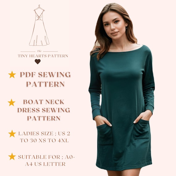 dressmaking patterns ladies dresses Boat Neck Dress Sewing Pattern, Women Sewing Patterns, Long Sleeve, Size:us2-30 | A0-A4-USLETTER wedding guests