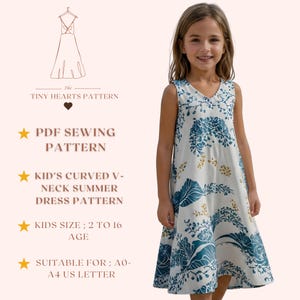 Patron de robe d'été incurvée avec encolure en V pour enfants, patrons de couture de robes pour filles, taille : 2-16 ans | A0-A4-USLETTER |