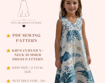 Patron de robe d'été incurvée avec encolure en V pour enfants, patrons de couture de robes pour filles, taille : 2-16 ans | A0-A4-USLETTER |