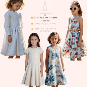 Conjunto de 4 vestidos para niños en formato PDF, paquete de patrones de verano para niños, patrón de costura de vestidos para niños, patrón de costura de vestidos para niñas, tamaño A0, A4, carta de EE. UU., talla de niña de 2 a 16 años