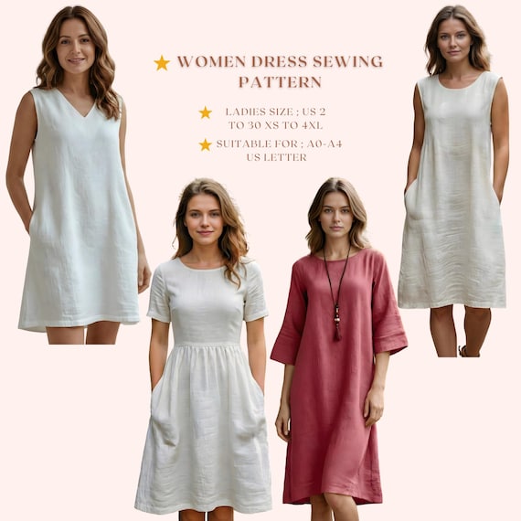 ladies size 4 dresses Women 4 Dress Sewing Pattern, Fall Dress Patterns, Girls Dresses, Size:us2-30  | A0-A4-USLETTER