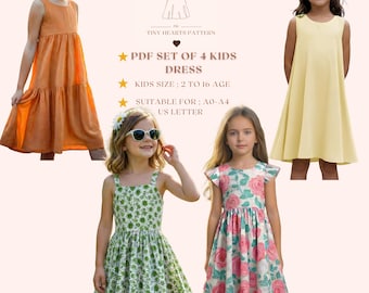 PDF Set Of 4 Kids Dress Pattern, Girls Dress Sewing Patterns, Size:2-16Age | A0-A4-USLETTER |