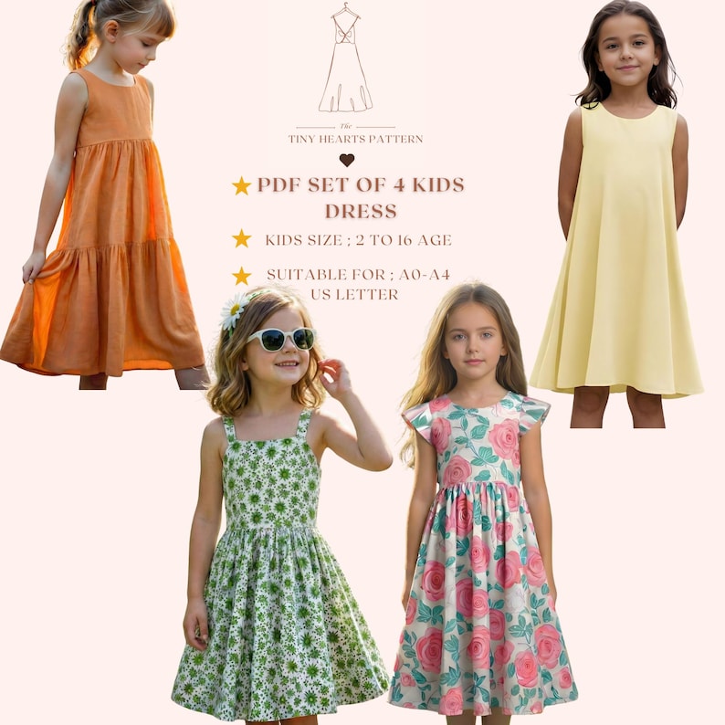 PDF Set Of 4 Kids Dress Pattern, Girls Dress Sewing Patterns, Size:2-16Age | A0-A4-USLETTER | image 1
