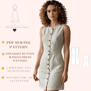Patrón de costura de vestido de mujer con botones rectos / Patrón de vestido de verano / Patrón de costura de vestido de cóctel / Vestido de otoño / A0 A4 Carta de EE. UU. - EE. UU. 2 a 30