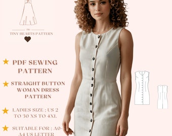 Puede incluir: Se muestra un vestido sin mangas con botones en un color neutro. El vestido tiene una silueta recta y llega a la rodilla. La imagen también incluye un patrón de costura PDF con el texto "Straight Button Woman Dress Pattern."