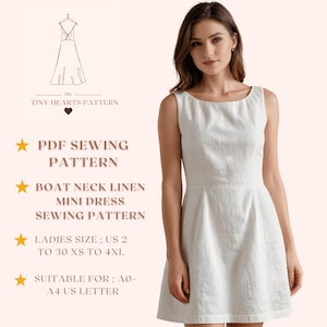 Patrón de costura de vestido mini de lino con cuello barco, patrón de costura de vestido de mujer, patrón de costura en PDF, patrón de vestido de verano / A0 A4 Carta de EE. UU. 2 a 30