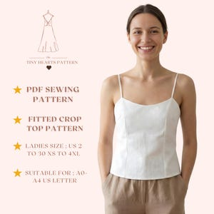 Fitted Crop Top Pattern, Women Top Sewing Patterns, Linen Blouse, Size:US2-30 | A0-A4-USLETTER |