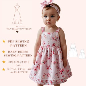 Patrón de costura de vestido de verano para bebé, patrón de costura de vestido para niños en PDF, vestido para niños pequeños, vestido con pechera, vestido con delantal A0, A4, letra de EE. UU., talla de bebé de 2 a 6 años
