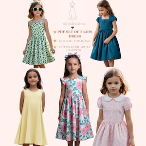 Patrón de costura de vestido para niña / PDF Conjunto de 5 vestidos para niña / Patrón de vestido de verano / Patrón de costura de vestido para niña / Tamaño A0 A4 Carta EE. UU. - Talla niña 2-16 años