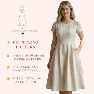 Linen Midi Summer Dress Pattern With Pockets, Women Dresses Sewing Pattern, Size:US2-30 | A0-A4-USLETTER |