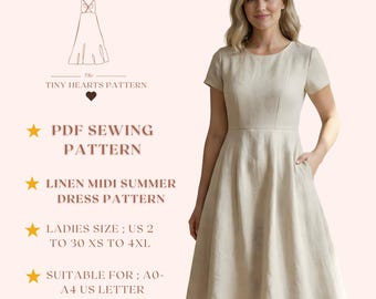Linen Midi Summer Dress Pattern With Pockets, Women Dresses Sewing Pattern, Size:US2-30 | A0-A4-USLETTER | Linen Midi Summer Dress Pattern With Pockets, Women Dresses Sewing Pattern, Size:US2-30 | A0-A4-USLETTER |