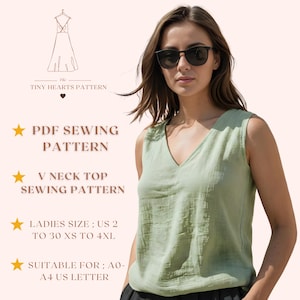 Patron de couture haut à col en V, patrons de couture chemisier femme, t-shirt fille, taille : US2-30 | A0-A4-USLETTER |