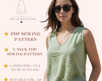 V Neck Top Sewing Pattern, Women Blouse Sewing Patterns, Girls T-Shirt, Size:US2-30 | A0-A4-USLETTER |