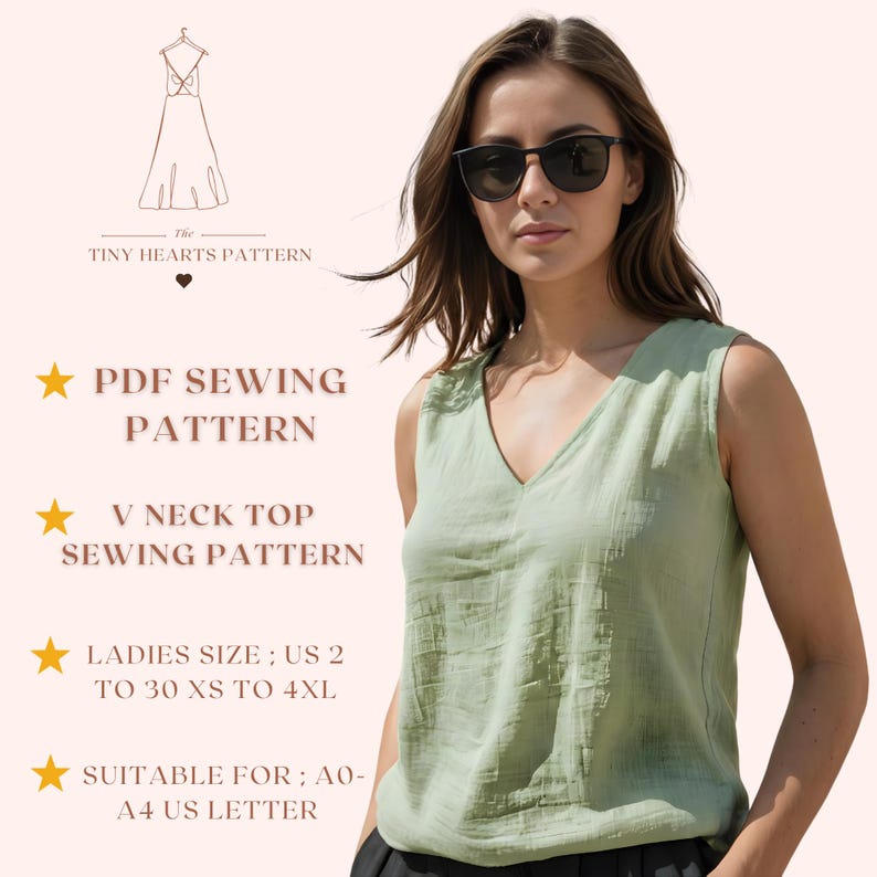 Patrón de costura para top con cuello en V, patrones de costura para blusas de mujer, camisetas para niñas, tallas: US2-30 / A0-A4-USLETTER / imagen 1