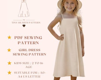 Patroon schort voor meisjes, naaipatronen bloemenmeisjesjurk, maat: 2-16 Leeftijd | A0-A4-USBRIEF | Pdf