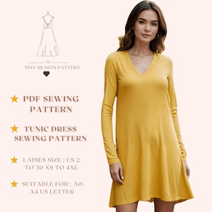 Patrón de costura de vestido túnica, Patrón de costura de vestido de mujer, Patrón de vestido camisero, Patrón de costura en PDF, Patrón de vestido de otoño A0 A4 Carta de EE. UU. - EE. UU. 2 a 30