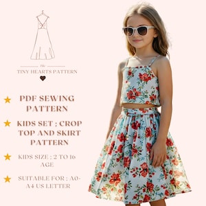 Patrón de costura para top y falda cortos para niñas, conjunto para niñas, tallas: 2-16 años / A0-A4-Carta EE. UU.