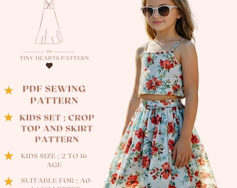 Kids Crop Top and Skirt Sewing Pattern, Girls Set Patterns, Size:2-16Age | A0-A4-US LETTER