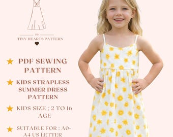 Kids Strapless Summer Dress Pattern, Girls Dress Sewing Patterns, Pinafore Dresses, Size:2-16Age | A0-A4-USLETTER |