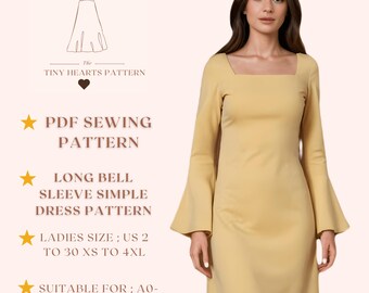 Molde para vestido longo simples com manga sino, moldes de costura para vestidos femininos, tamanhos: EUA 2-30 PDF | A0-A4-US Letter |