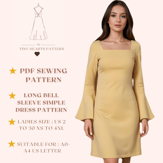 Long Bell Sleeve Simple Dress Pattern, Women Dress Sewing Patterns,  Size:us2-30 PDF | A0-A4-USLETTER | - Etsy